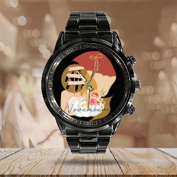 Discover Fall November white pumpkin abstract Calendar Steel Band Watch