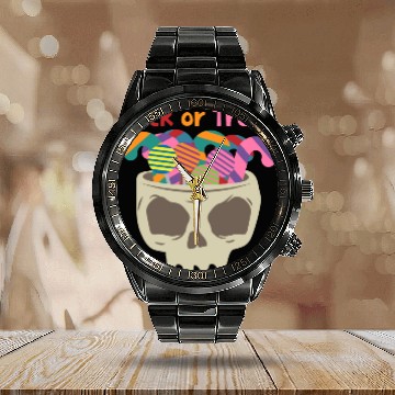 Discover Halloween Trick or Treat scary Skull with Candy Calendar Steel Band Watch