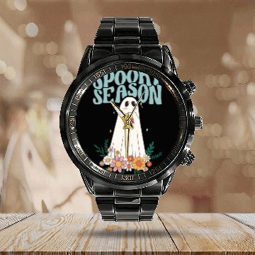 Discover Funny Floral Ghost Halloween Spooky Season Calendar Steel Band Watch