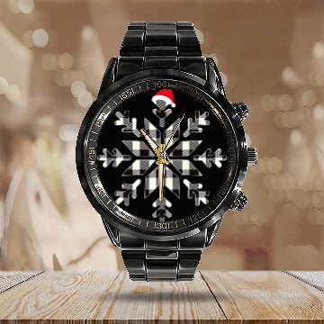 Discover Black Christmas Buffalo Plaid Snowflakes Santa hat Calendar Steel Band Watch