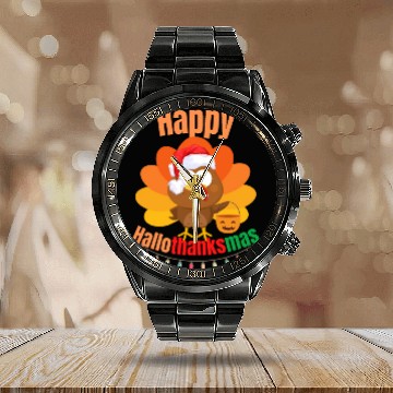 Discover Happy Hallothanksmas Trick or Treat Santa Turkey Calendar Steel Band Watch