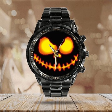 Discover Scary pumpkin face with neon effect and fire color Calendar Steel Band Watch