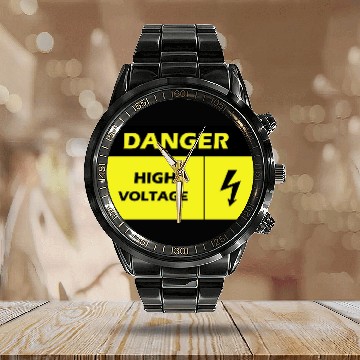 Discover Danger Electrical Hazard Yellow warning Label Calendar Steel Band Watch