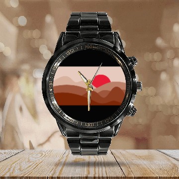 Discover Minimalist Sun Brick Red Calendar Steel Band Watch