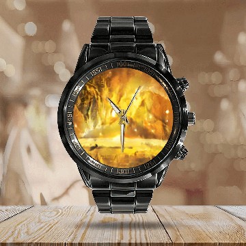 Discover Gold Nebulae Rises Over a Golden World Abstract Calendar Steel Band Watch