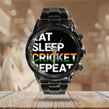Discover Eat Sleep Cricket Repeat IND Flag Sports Gift Calendar Steel Band Watch