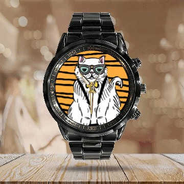 Discover Stylish Nerd Persian Cat Beanie Glasses Tattoo Calendar Steel Band Watch
