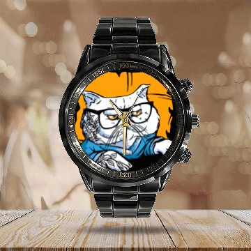 Discover Stylish Nerd Persian Cat Beanie Glasses Tattoo Calendar Steel Band Watch