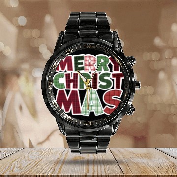 Discover Merry Christmas Motif Plaid Pattern Calendar Steel Band Watch