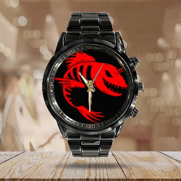 Discover Fish Skeleton Calendar Steel Band Watch