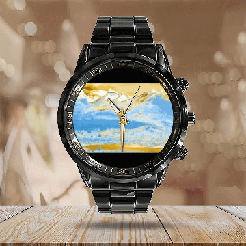Discover Golden Blue Mountain Lake Calendar Steel Band Watch
