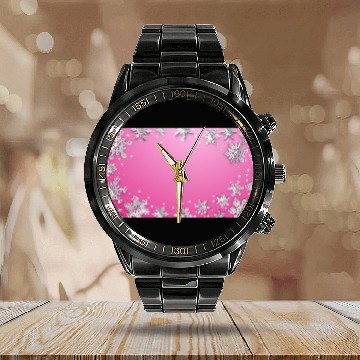 Discover Winter Snowflakes Pink White Calendar Steel Band Watch