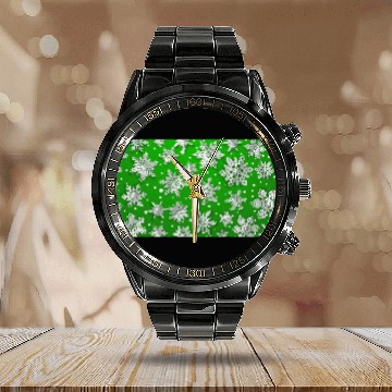 Discover Modern Snowflakes Pattern Green Calendar Steel Band Watch