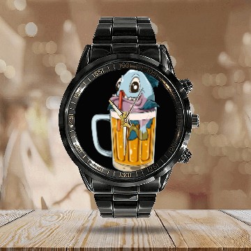 Discover Funny Fish Drinking Beer Calendar Steel Band Watch