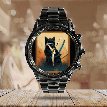 Discover Black Cat Ninja Samurai Calendar Steel Band Watch