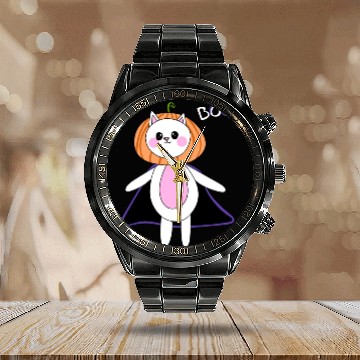 Discover cute cat in halloween melon costume Calendar Steel Band Watch