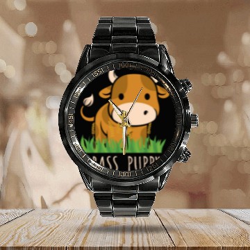 Discover Scottish Highland Cow Grass Puppy Cow Whisperer Calendar Steel Band Watch