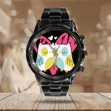 Discover Owl Valentines Day Hearts Day Cupid Bird Lover Calendar Steel Band Watch