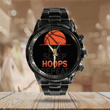 Discover Eat Sleep Hoops Repeat Basketball Calendar Steel Band Watch