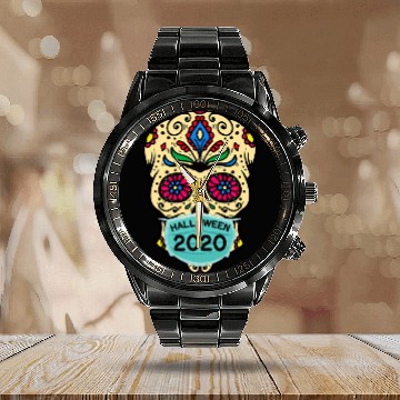 Discover Sugar Skull Wearing Face Mask | Day of the Dead Calendar Steel Band Watch