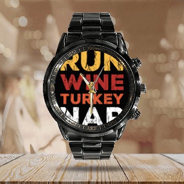 Discover Thanksgiving Run Wine Turkey Nap Funny Vintage Calendar Steel Band Watch