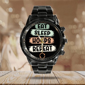Discover Eat Sleep Hoops Repeat Basketball Calendar Steel Band Watch