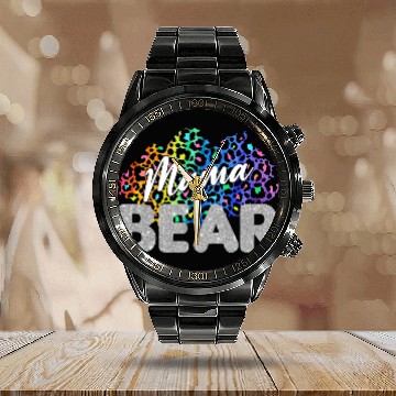 Discover Mama Bear Leopard Silver Glitter Calendar Steel Band Watch