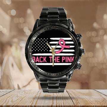 Discover USA Flag Breast Cancer Awareness Calendar Steel Band Watch