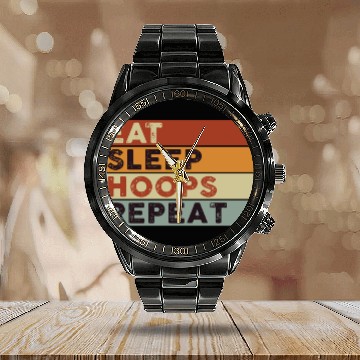 Discover Eat Sleep Hoops Repeat Basketball Calendar Steel Band Watch