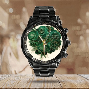 Discover Green and Gold Glam Roses Pattern Calendar Steel Band Watch
