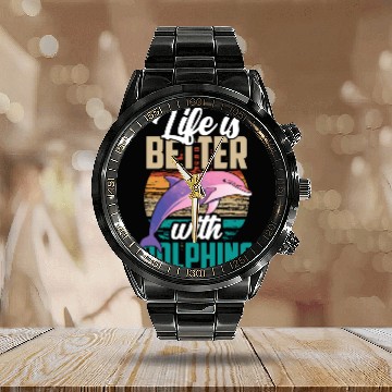 Discover Life Is Better With Dolphins Lover Dolphin Cute Calendar Steel Band Watch
