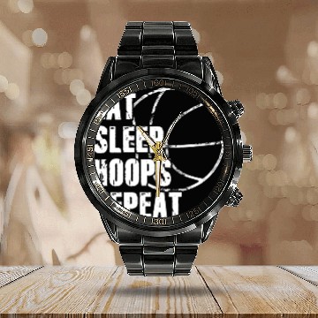 Discover Eat Sleep Hoops Repeat Basketball Calendar Steel Band Watch