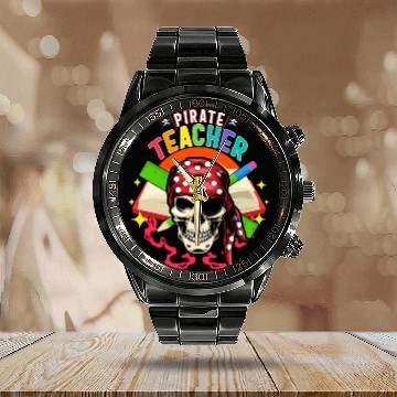 Discover Halloween Teacher Calendar Steel Band Watch, Pirate Teacher Skull