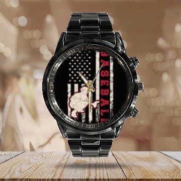 Discover Baseball Catcher USA Flag Patriotic American Flag Calendar Steel Band Watch