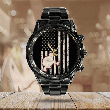 Discover Baseball Catcher USA Flag Patriotic American Flag Calendar Steel Band Watch