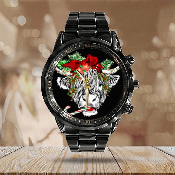 Discover Christmas Highland Cow Merry Christmas Calendar Steel Band Watch