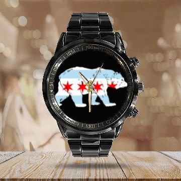 Discover City Of Chicago Flag Bear Lover Classic Calendar Steel Band Watch