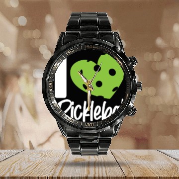 Discover Pickleball Heart I Love Pickleball Calendar Steel Band Watch