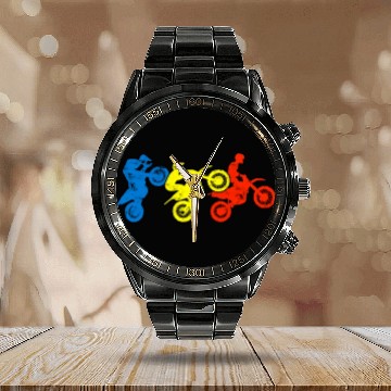 Discover Silhouette of three man riding a motorcycle with Calendar Steel Band Watch