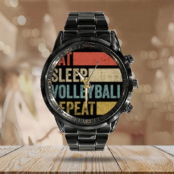 Discover Retro 70s Volleyball Player Men Kids Eat Sleep Calendar Steel Band Watch