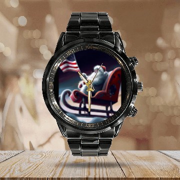 Discover Patriotic Christmas Funny Santa Claus With Sled Calendar Steel Band Watch