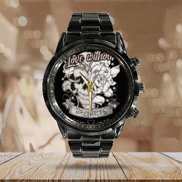 Discover Love With No Regrets Skull With Roses Gift Calendar Steel Band Watch