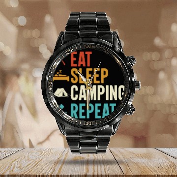 Discover Eat Sleep Camping Repeat Camp Funny Calendar Steel Band Watch