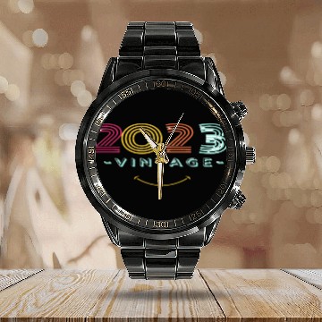 Discover Neon Rainbow Retro 2023 NewYear Vintage Calendar Steel Band Watch