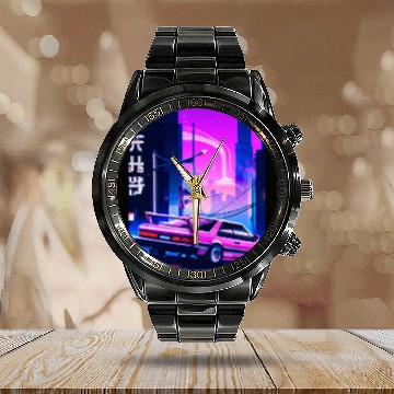 Discover Vaporwave Car Synthwave City Calendar Steel Band Watch