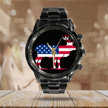 Discover Patriotic US Flag Colored Moose Reindeer Elch Calendar Steel Band Watch