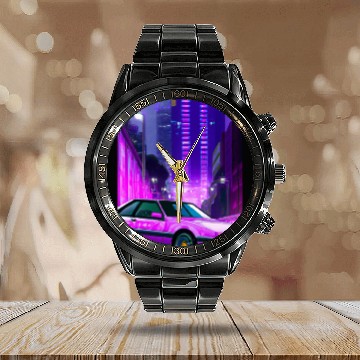 Discover Vaporwave Car Synthwave City Calendar Steel Band Watch
