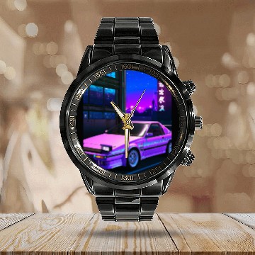Discover Vaporwave Car Synthwave City Calendar Steel Band Watch