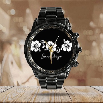 Discover San Diego California Hibiscus Flower Calendar Steel Band Watch