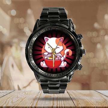 Discover Cat Eating Ramen Calendar Steel Band Watch